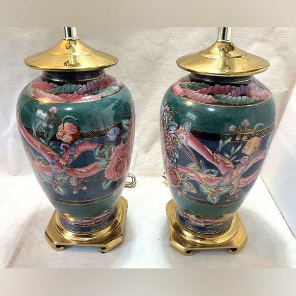 Rare Pair Chinoiserie Table Lamps by Berman 1993 with Brass Tops & Bases WORKING - Picture 1 of 5
